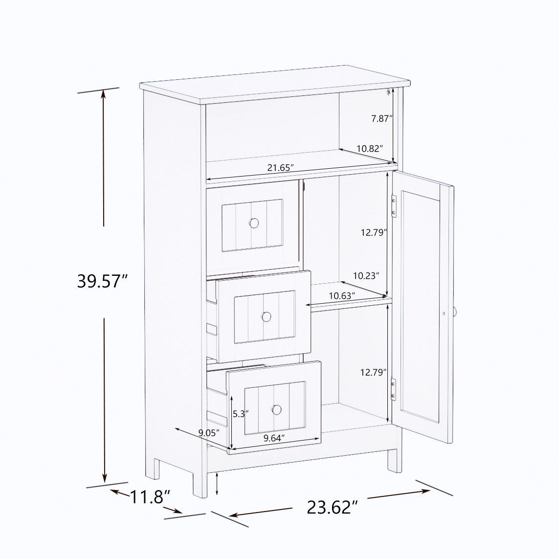 Bathroom standing storage cabinet with 3 drawers and 1 door