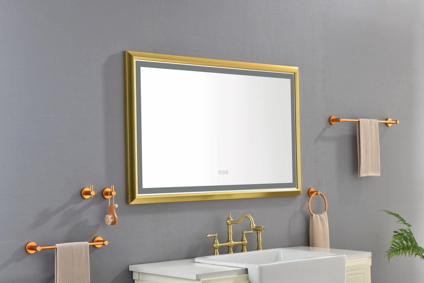 Oversized Rectangular Gold Framed LED Mirror Anti-Fog Dimmable Wall Mount Vanity Mirror