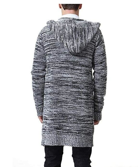 Men's Cardigan Sweater Mid Long Casual Warm Knitted Coat with Hood Padded