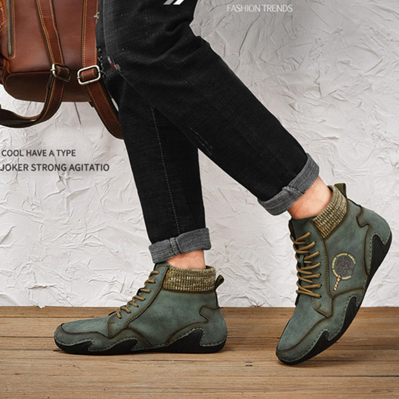 Spring Autumn High Top Leather Shoes Winter Fleece Martin Boots Men Casual Sport Waterproof 38-48 Sock Mouth Outdoor Retro Cozy