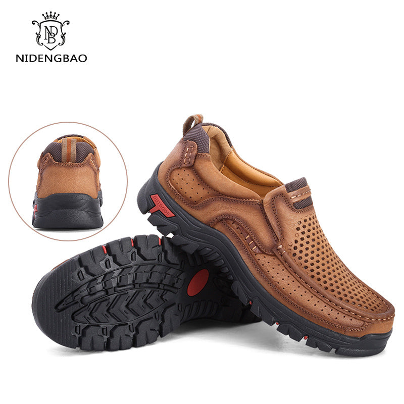 Summer Genuine Leather Casual Shoes Men Hollow Out Breathable Sneakers Big Size 38-48 Outdoor Rubber Outsole Footwear Men Shoes