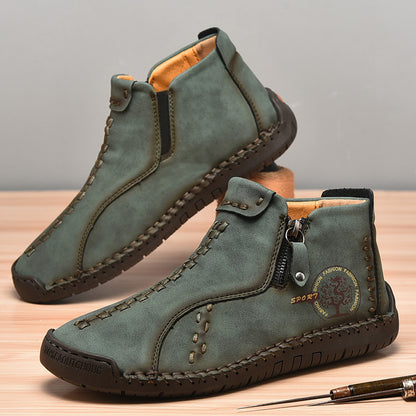 Spring Autumn Winter Ankle Martin Boots Men Retro Casual Slip on Leather Shoes Mid-top Hand Sewn Outdoor Zip Vintage Brown Green