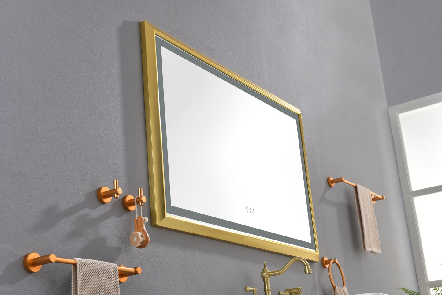 Oversized Rectangular Gold Framed LED Mirror Anti-Fog Dimmable Wall Mount Vanity Mirror