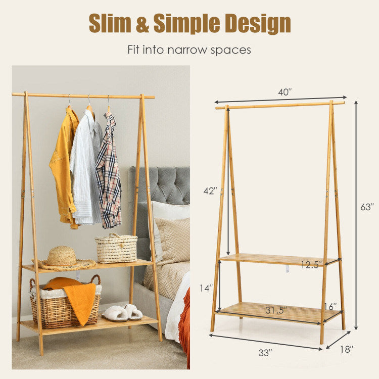 Bamboo Clothes Hanging Rack with 2-Tier Storage Shelf