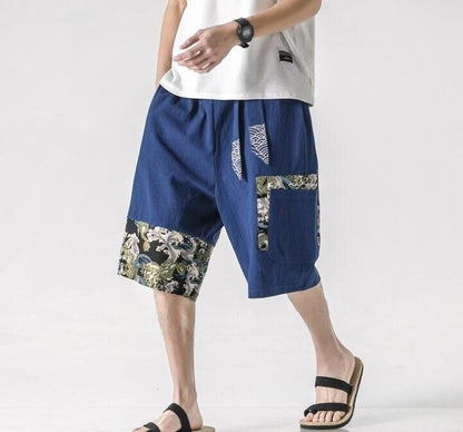 Embroidered Belt Print Linen Shorts
