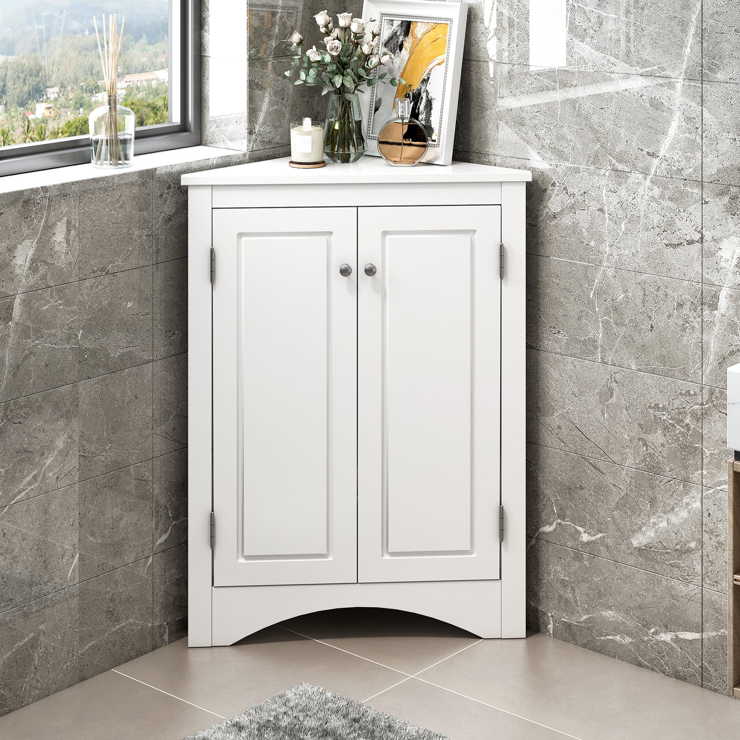 White Triangle Bathroom Storage Cabinet with Adjustable Shelves