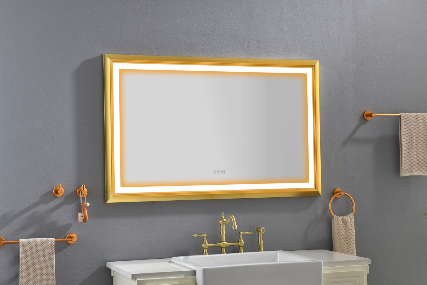 Oversized Rectangular Gold Framed LED Mirror Anti-Fog Dimmable Wall Mount Vanity Mirror
