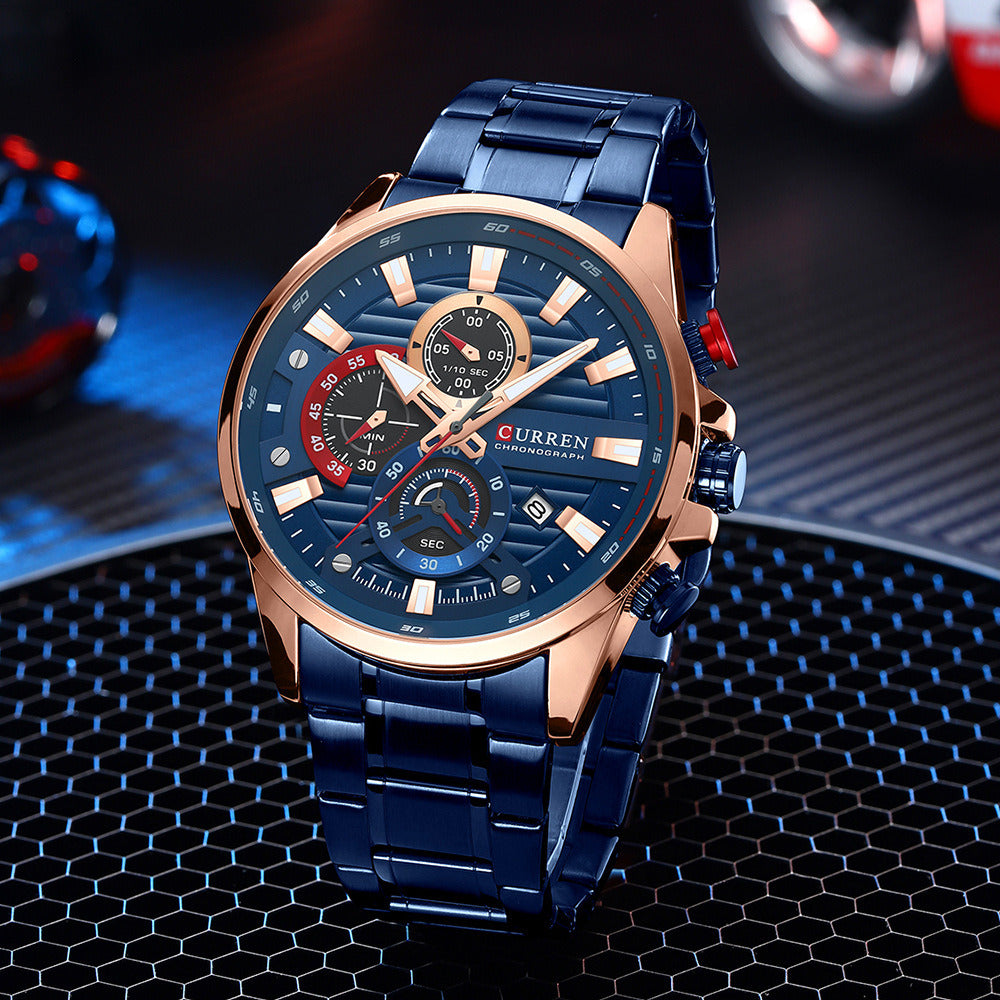 Men's Calendar Watch with Steel Band Six-hand Quartz