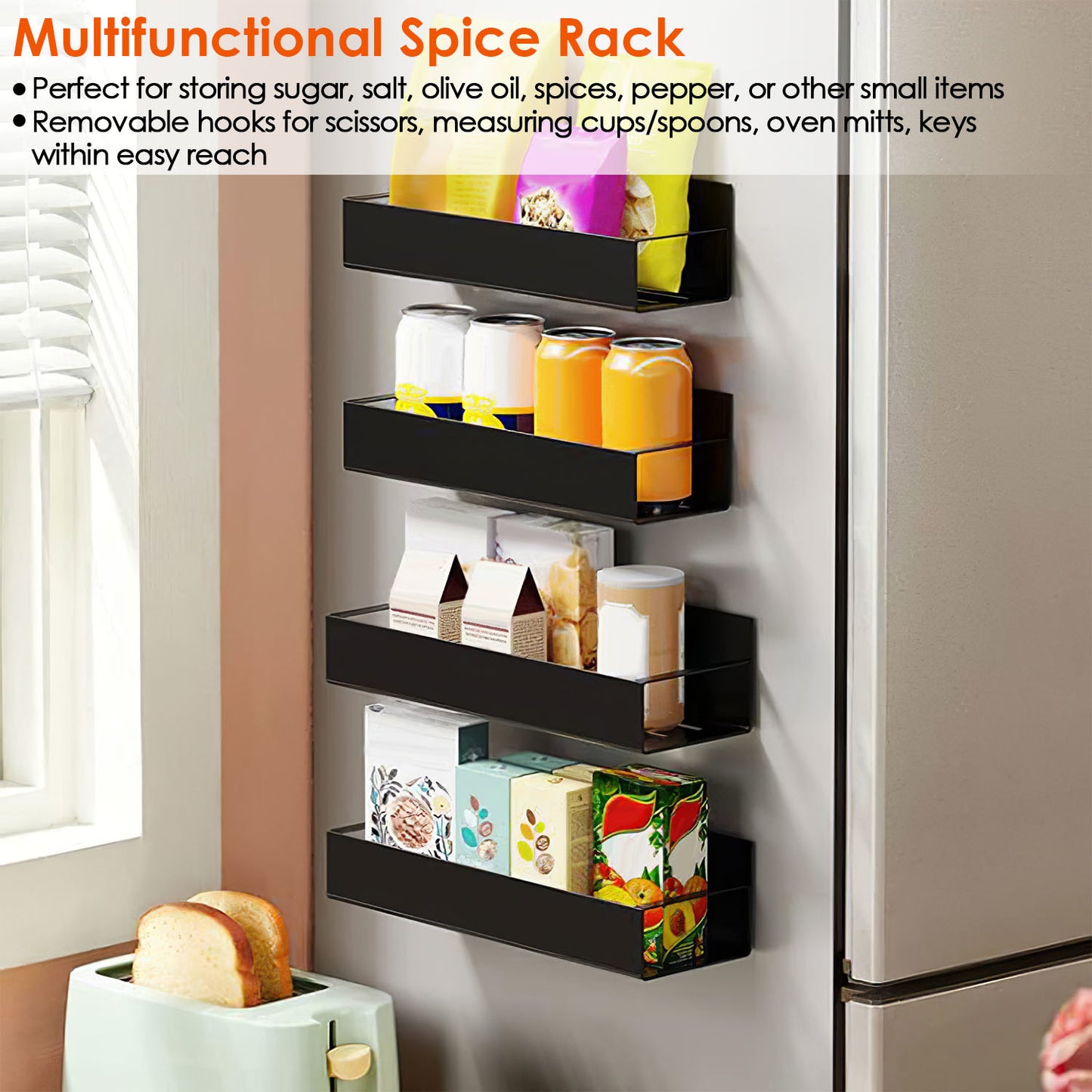 4Pc Spice Rack - Strong Magnetic Shelf with 8 Removable Hooks