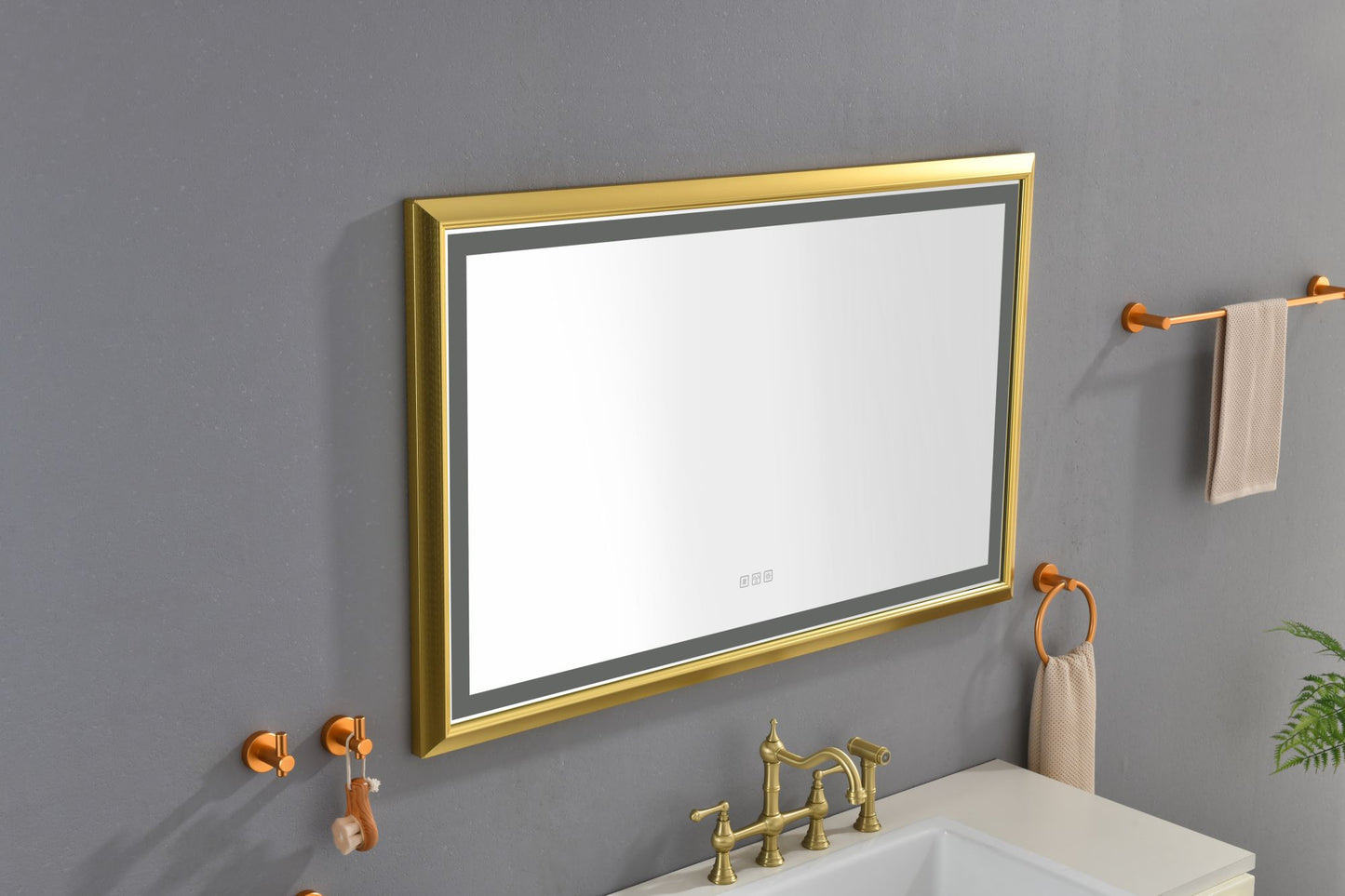 Oversized Rectangular Gold Framed LED Mirror Anti-Fog Dimmable Wall Mount Vanity Mirror