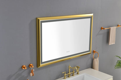 Oversized Rectangular Gold Framed LED Mirror Anti-Fog Dimmable Wall Mount Vanity Mirror