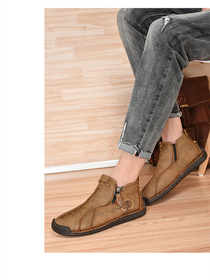 Spring Autumn Winter Ankle Martin Boots Men Retro Casual Slip on Leather Shoes Mid-top Hand Sewn Outdoor Zip Vintage Brown Green