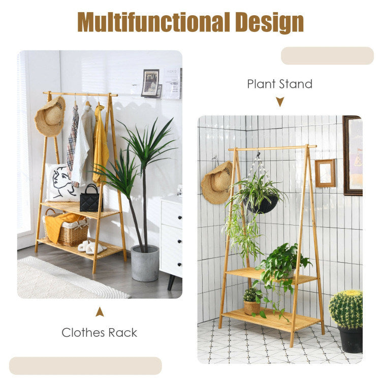 Bamboo Clothes Hanging Rack with 2-Tier Storage Shelf