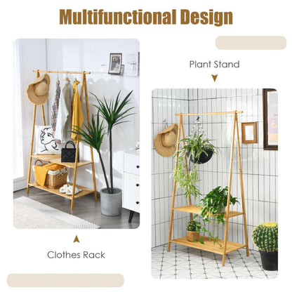 Bamboo Clothes Hanging Rack with 2-Tier Storage Shelf