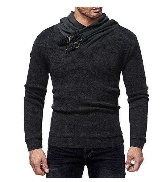 Men's Sweater Pullover Heap Collar Ribbed Knitted Sweatershirt with Leather Buttons Winter