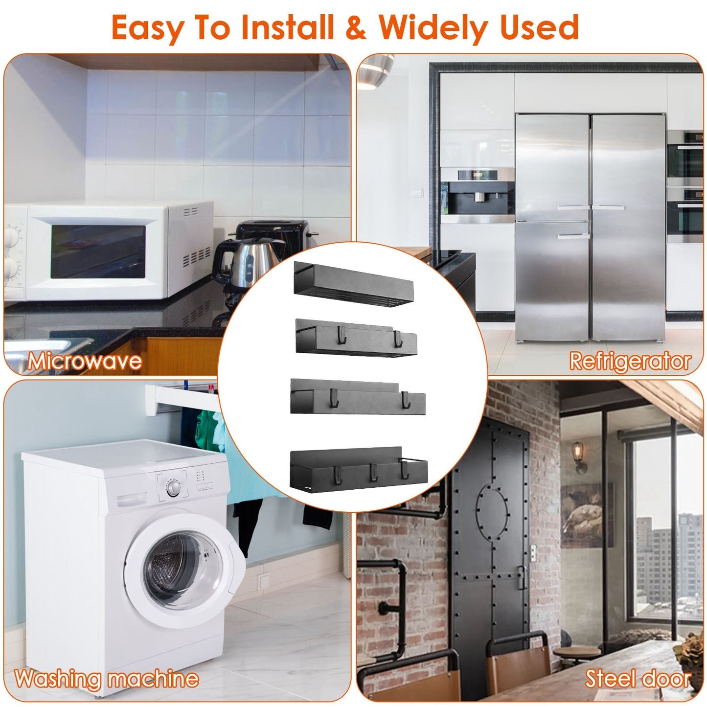 4Pc Spice Rack - Strong Magnetic Shelf with 8 Removable Hooks
