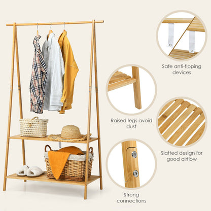 Bamboo Clothes Hanging Rack with 2-Tier Storage Shelf