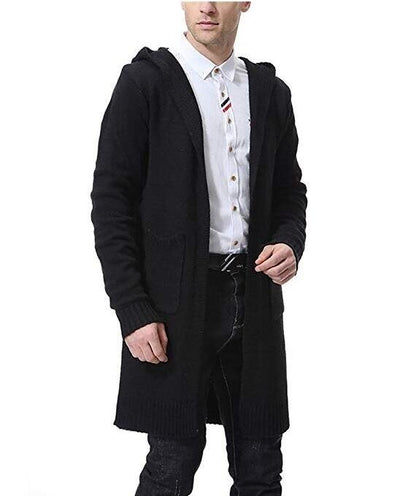 Men's Cardigan Sweater Mid Long Casual Warm Knitted Coat with Hood Padded
