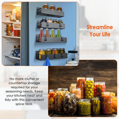4Pc Spice Rack - Strong Magnetic Shelf with 8 Removable Hooks