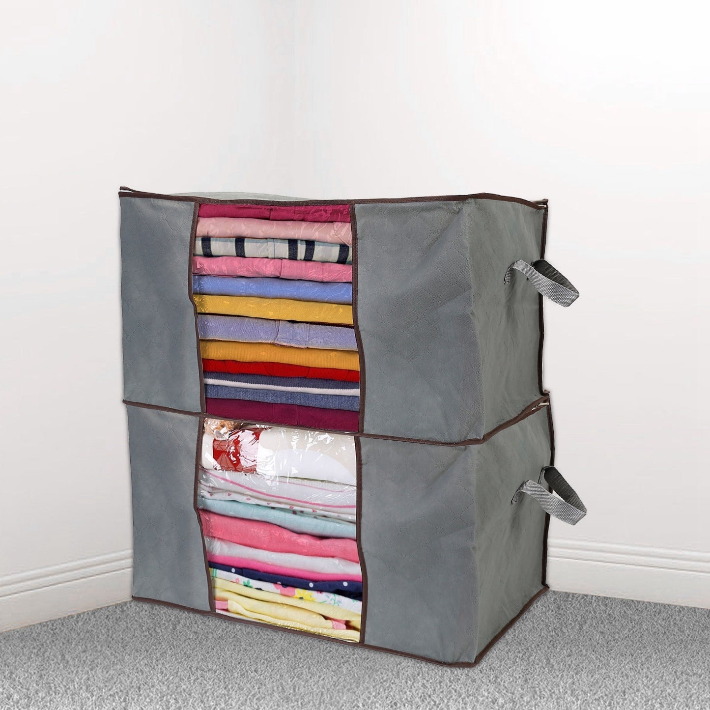 2Pc Storage Bag 90L Large Capacity Foldable Closet Organizer w/ Thick Fabric Clear Window