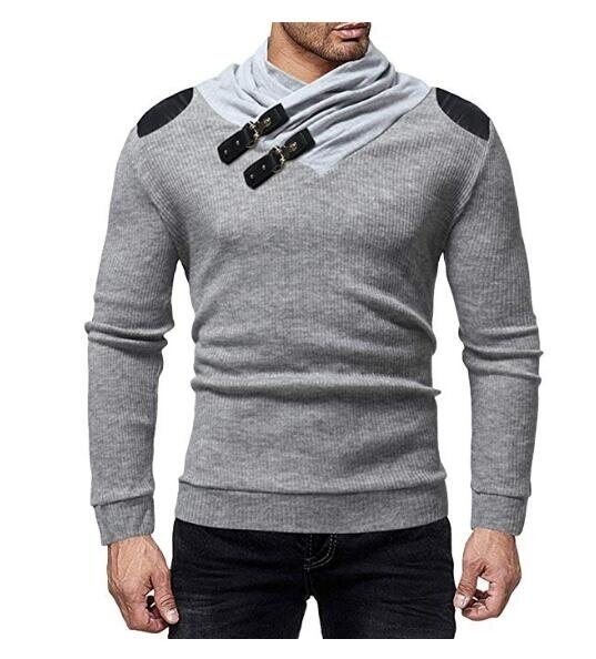Men's Sweater Pullover Heap Collar Ribbed Knitted Sweatershirt with Leather Buttons Winter