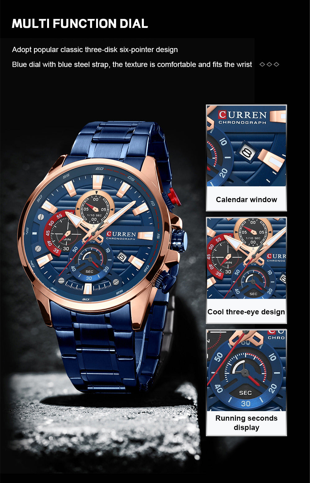 Men's Calendar Watch with Steel Band Six-hand Quartz