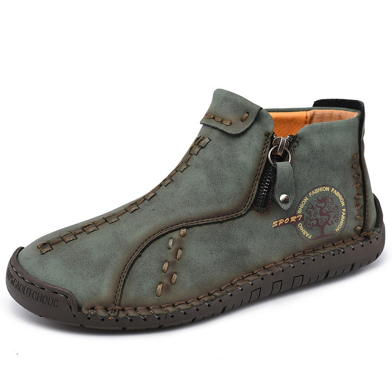 Spring Autumn Winter Ankle Martin Boots Men Retro Casual Slip on Leather Shoes Mid-top Hand Sewn Outdoor Zip Vintage Brown Green
