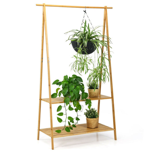 Bamboo Clothes Hanging Rack with 2-Tier Storage Shelf