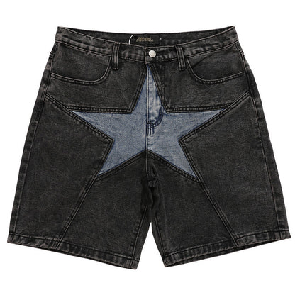 Men's Patchwork Oversized Hip-Hop Blue Jeans Shorts