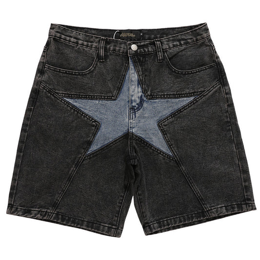 Men's Patchwork Oversized Hip-Hop Blue Jeans Shorts