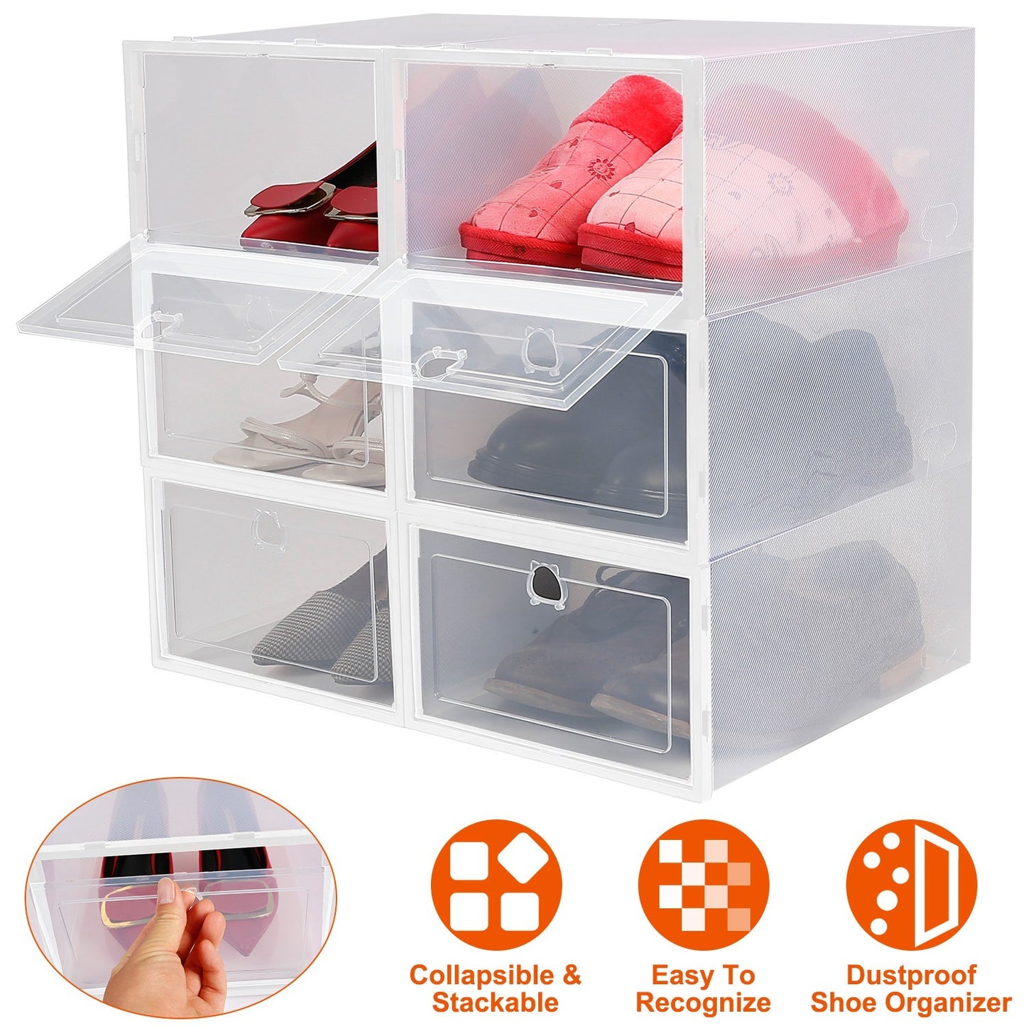 6Pc Collapsible Shoe Box Stackable Shoe Storage
