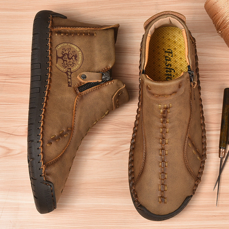 Spring Autumn Winter Ankle Martin Boots Men Retro Casual Slip on Leather Shoes Mid-top Hand Sewn Outdoor Zip Vintage Brown Green