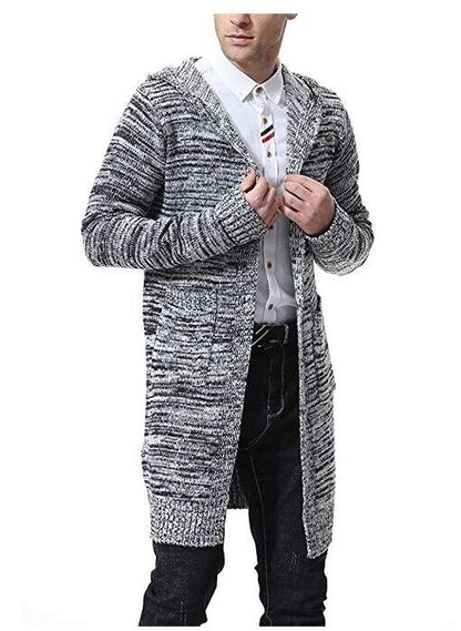 Men's Cardigan Sweater Mid Long Casual Warm Knitted Coat with Hood Padded