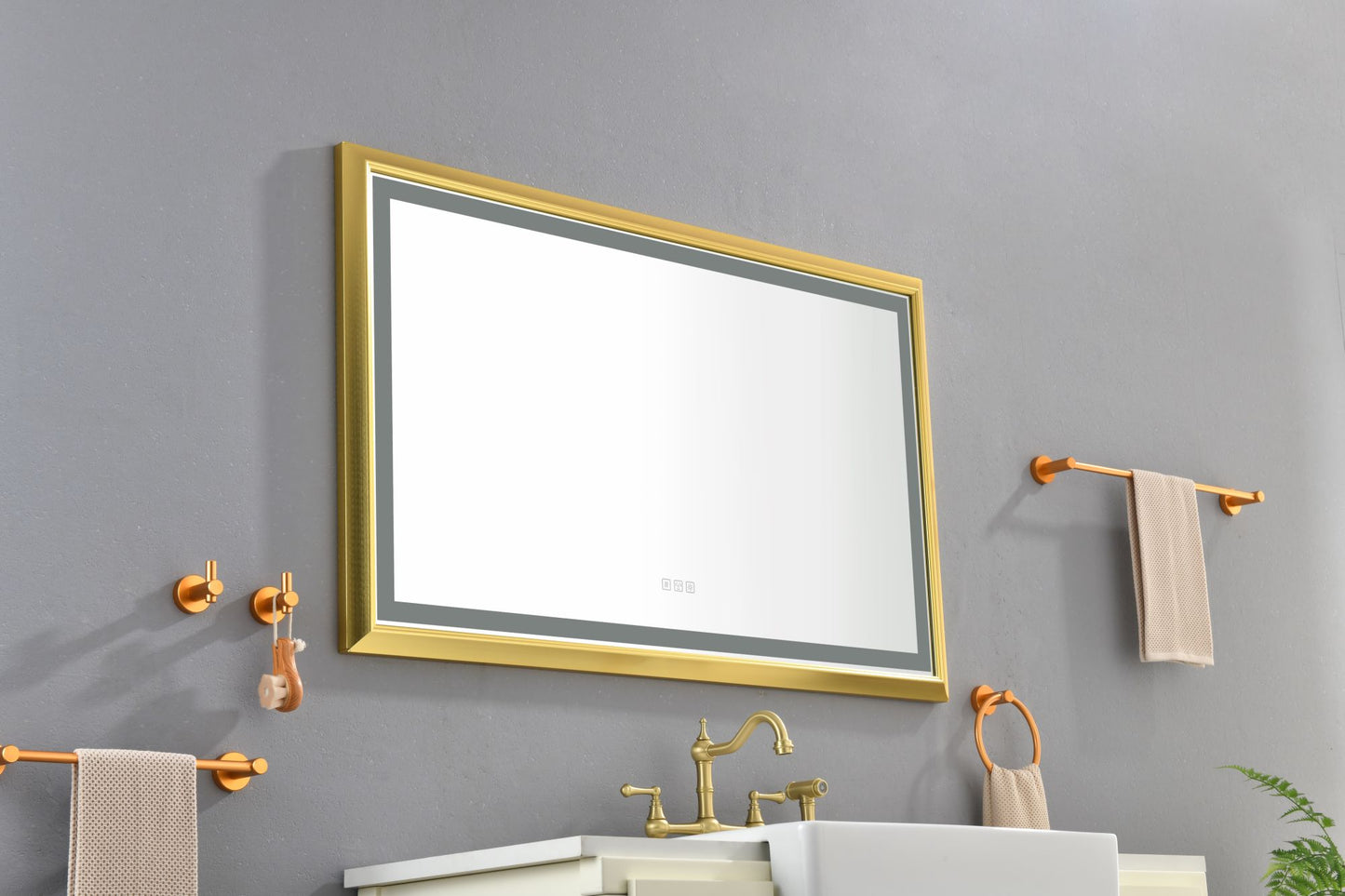 Oversized Rectangular Gold Framed LED Mirror Anti-Fog Dimmable Wall Mount Vanity Mirror