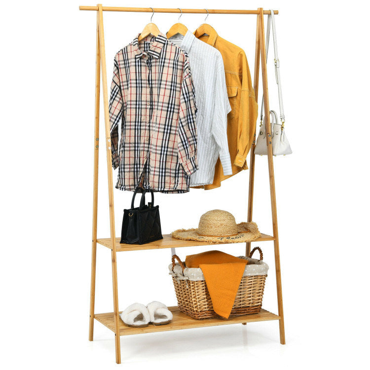 Bamboo Clothes Hanging Rack with 2-Tier Storage Shelf