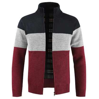 Men's Colorblocked Stand Collar Cardigan Sweater Jacket Outwear