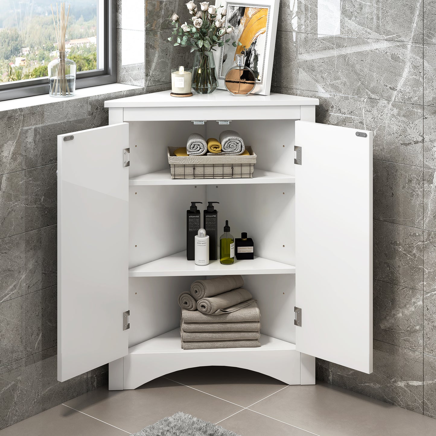 White Triangle Bathroom Storage Cabinet with Adjustable Shelves