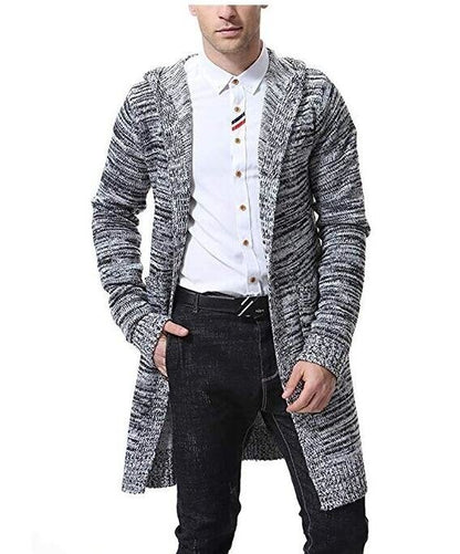 Men's Cardigan Sweater Mid Long Casual Warm Knitted Coat with Hood Padded