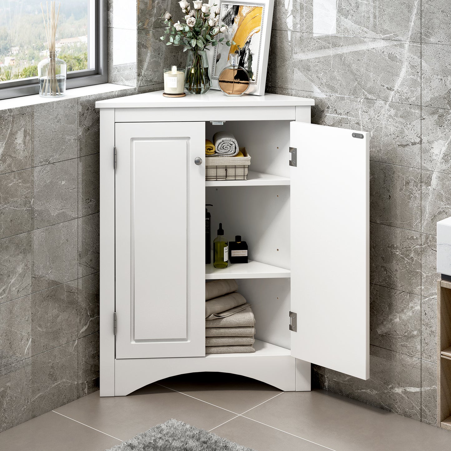 White Triangle Bathroom Storage Cabinet with Adjustable Shelves
