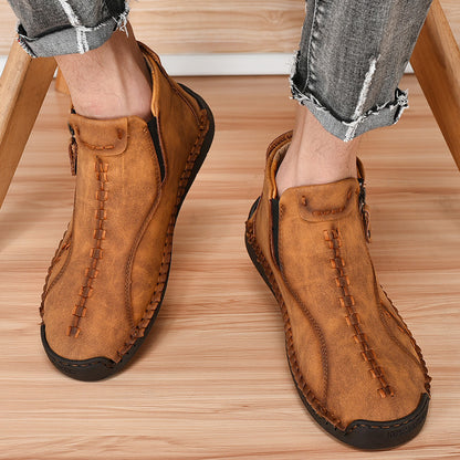 Spring Autumn Winter Ankle Martin Boots Men Retro Casual Slip on Leather Shoes Mid-top Hand Sewn Outdoor Zip Vintage Brown Green