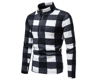 Men's Zipper Plaid Stand Collar Pullover Sweater