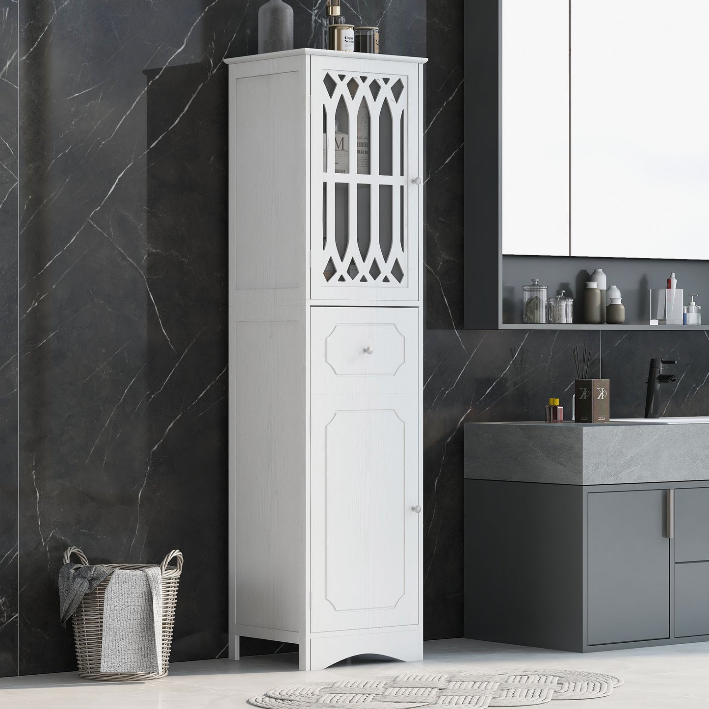 Tall Bathroom Cabinet - Freestanding Storage Cabinet with Drawer and Doors