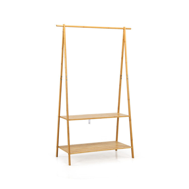 Bamboo Clothes Hanging Rack with 2-Tier Storage Shelf