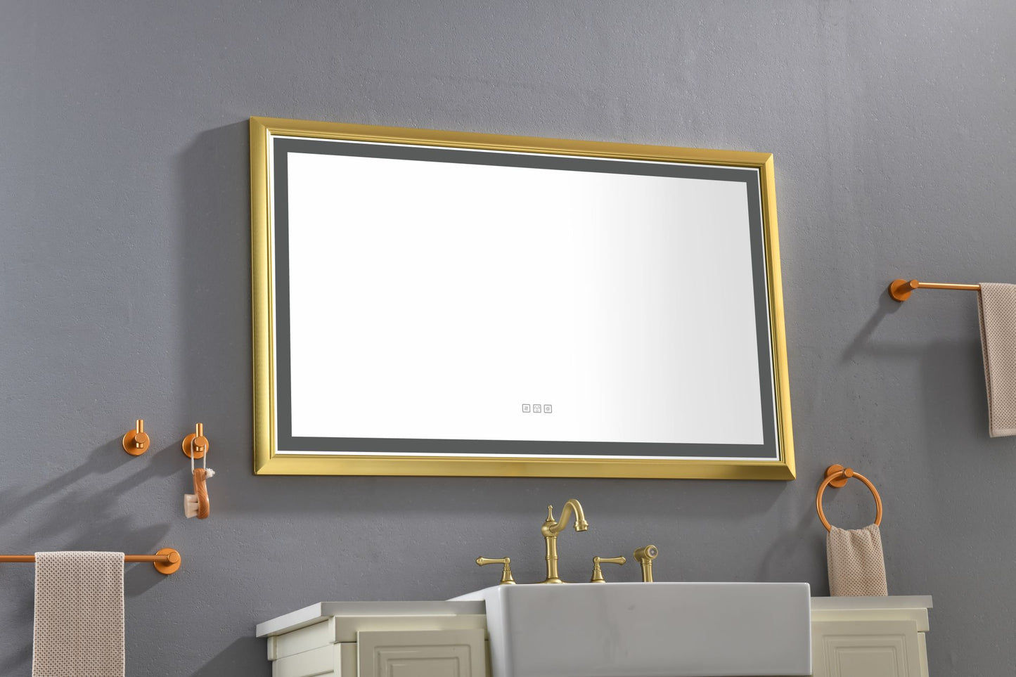 Oversized Rectangular Gold Framed LED Mirror Anti-Fog Dimmable Wall Mount Vanity Mirror