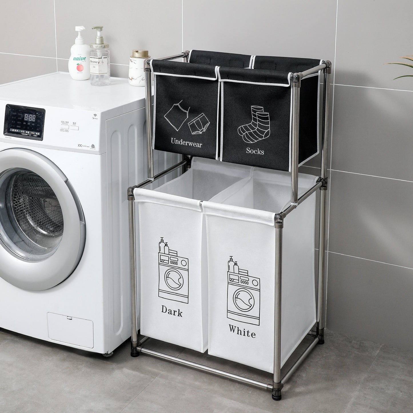 Laundry Hamper 2 Tier with 4 Removable Bags for Organizing Clothes