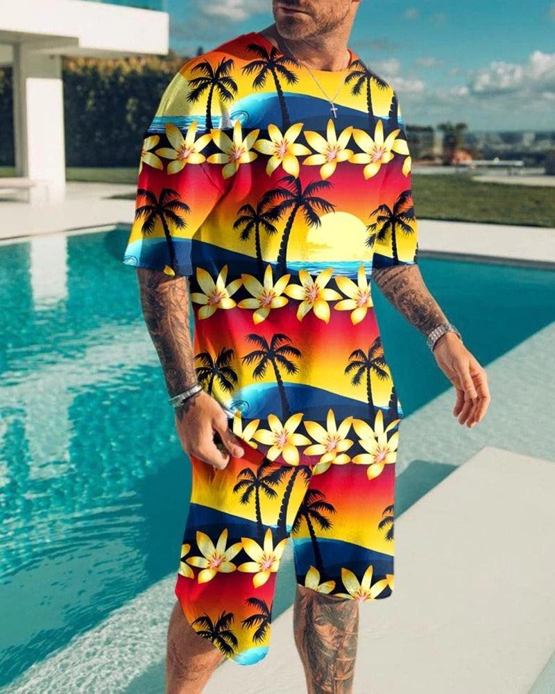 Fashion - Men's Casual Sports Suit Digital Printing T-Shirt Casual Two-Piece Set