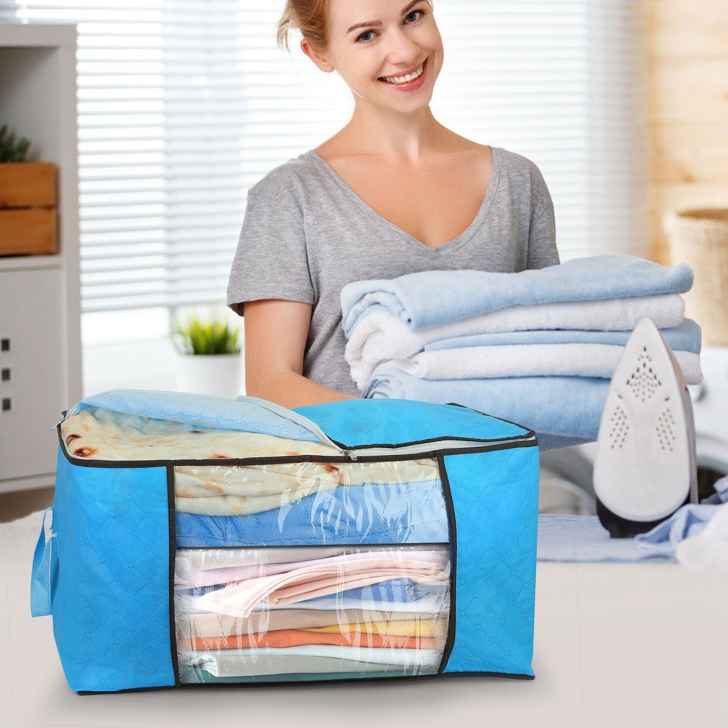 2Pc Storage Bag 90L Large Capacity Foldable Closet Organizer w/ Thick Fabric Clear Window