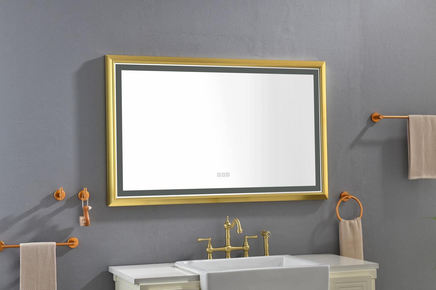 Oversized Rectangular Gold Framed LED Mirror Anti-Fog Dimmable Wall Mount Vanity Mirror