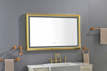 Oversized Rectangular Gold Framed LED Mirror Anti-Fog Dimmable Wall Mount Vanity Mirror
