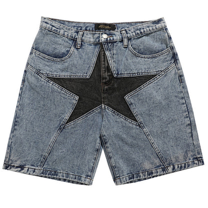 Men's Patchwork Oversized Hip-Hop Blue Jeans Shorts